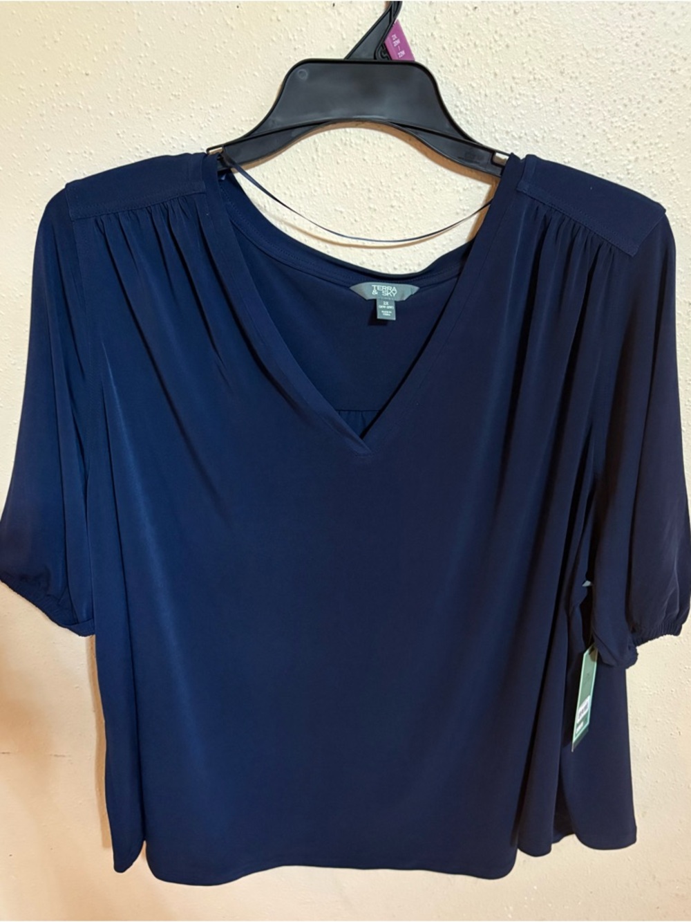 Terra & Sky Navy V-Neck Pleated Shoulder Blouse